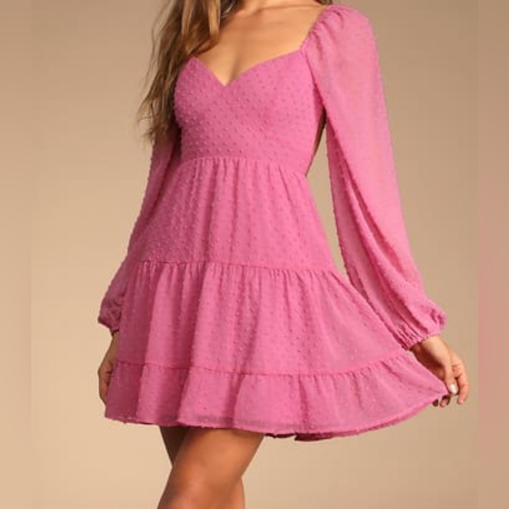 Lulu’s Pink Longing & Love Swiss Dot Puff Long Sleeve Mini Dress Size M. NWT.
